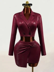 Mistrie Women's Slim Fit Long Sleeve Blazer Suit Set - Burgundy - View 6