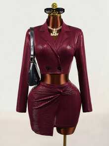 Mistrie Women's Slim Fit Long Sleeve Blazer Suit Set - Burgundy - View 4