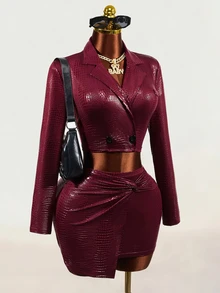 Mistrie Women's Slim Fit Long Sleeve Blazer Suit Set - Burgundy - View 5