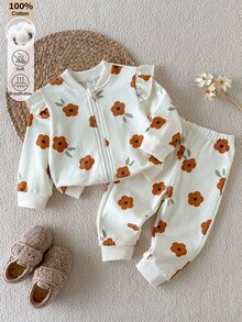 SHEIN 女嬰女童秋冬長袖圓領簡約休閒印花夾克與時尚休閒百搭印花長褲套裝，舒適適合露營及室內/戶外穿著，秋季實用時尚設計，適用戶外或居家休閒時光 - 彩色 - 查看 4