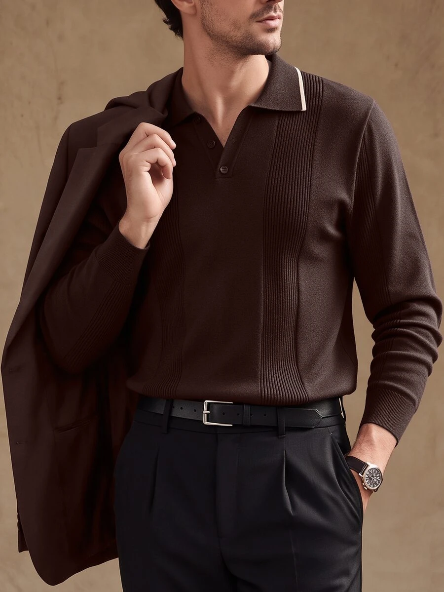 Core Aspect Men's Old Money Style, Mature, Fashionable Long Sleeve Casual Sweater - Coffee Brown - View 1