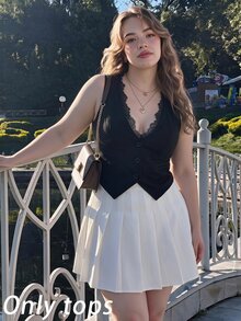 SHEIN MOD Plus Size Women's Black Lace Trim Patchwork Sleeveless Vest Outerwear - Black - View 9