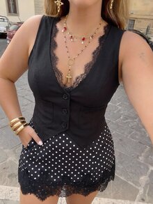 SHEIN MOD Plus Size Women's Black Lace Trim Patchwork Sleeveless Vest Outerwear - Black - View 4