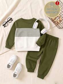 SHEIN 1 Random Set, Comfortable Fashionable Simple Striped Print Crew Neck Sweatshirt & Sports Pants 2-Piece Set, Autumn/Winter - Multicolor - View 2