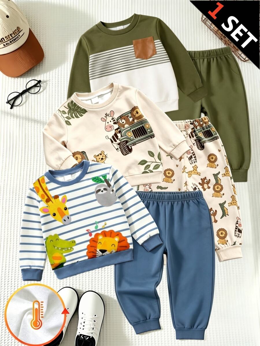 SHEIN 1 Random Set, Comfortable Fashionable Simple Striped Print Crew Neck Sweatshirt & Sports Pants 2-Piece Set, Autumn/Winter - Multicolor - View 1
