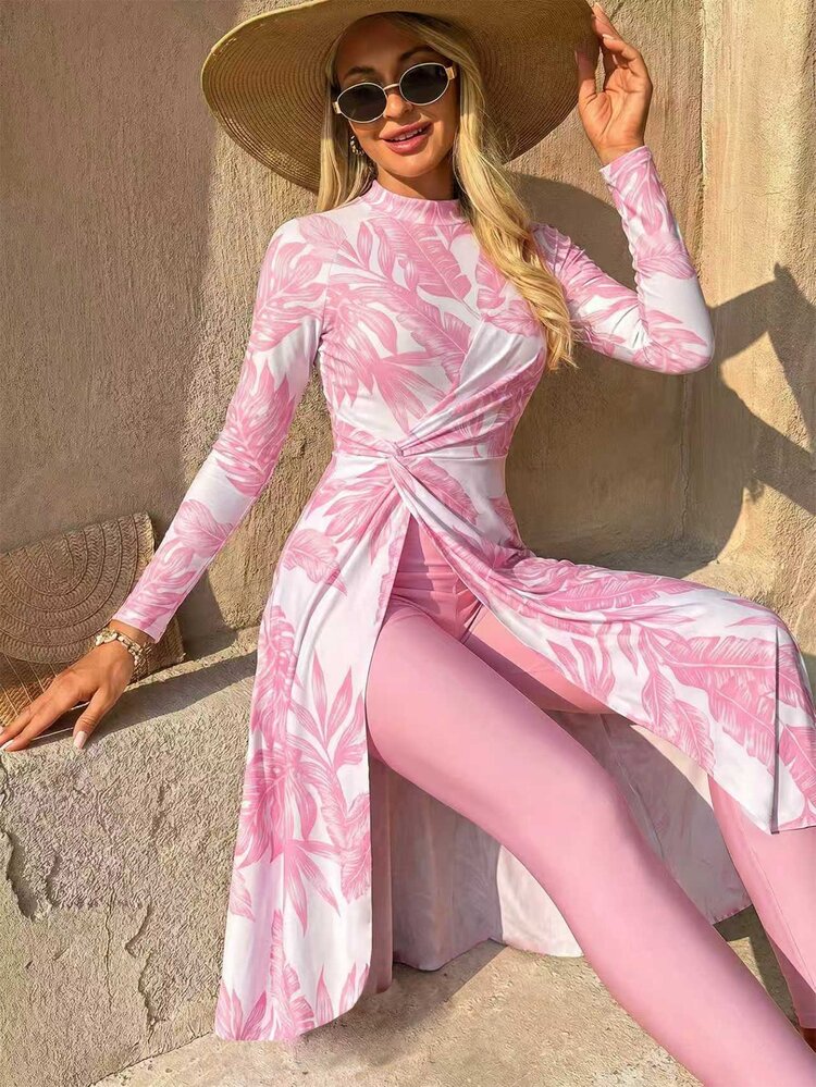 SHEIN Swim 26SS Liburan Musim Semi/Panas Liburan Pantai Dewasa Tropis Sederhana Elegan Merah Muda Simpul Terpilin Hem Lebar Burkini - MultiWarna - View 3