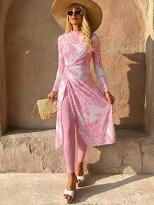 SHEIN Swim 26SS Spring/Summer Vacation Beach Vacation Mature Tropical Modest Elegant Pink Twisted Knot Large Hem Burkini - Multicolor - View 6