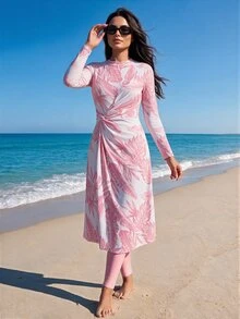 SHEIN Swim 26SS Spring/Summer Vacation Beach Vacation Mature Tropical Modest Elegant Pink Twisted Knot Large Hem Burkini - Multicolor - View 2