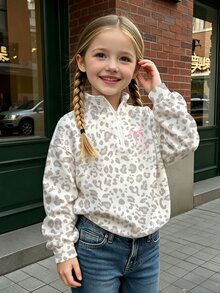 Young Girls 1 Pc Fall Tops Leopard Print Half Zip Sweatshirt, Casual Long Sleeve Pullover, Fall Winter - Multicolor - View 4