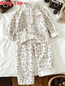 Young Girls 1 Pc Fall Tops Leopard Print Half Zip Sweatshirt, Casual Long Sleeve Pullover, Fall Winter - Multicolor - View 3