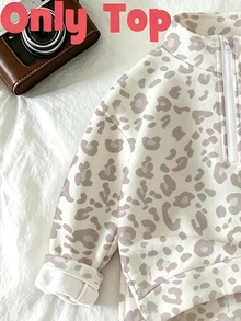 Young Girls 1 Pc Fall Tops Leopard Print Half Zip Sweatshirt, Casual Long Sleeve Pullover, Fall Winter - Multicolor - View 6