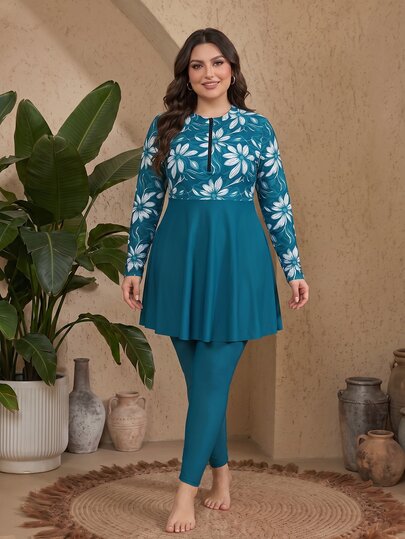 SHEIN Swim Mujeres Talla Grande 2 Piezas Vestido Largo Modesto Suave con Estampado Floral y Cremallera Delantera, Traje de Baño Casual para Vacaciones, Burkinis de Verano Playa Azul Turquesa