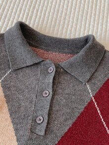 Comfortcana Women's Colorful Plaid Pattern Long Sleeve Polo Collar Fashion Sweater - Coffee Brown - View 4