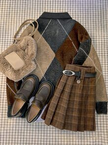 Comfortcana Women's Colorful Plaid Pattern Long Sleeve Polo Collar Fashion Sweater - Coffee Brown - View 2