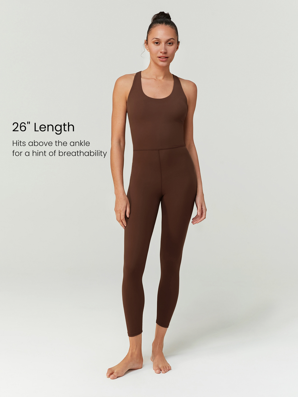 26" ButterFit Crisscross Back Round Neck Comfort Jumpsuit Low Impact Yoga Pilates Daily Removable Cups