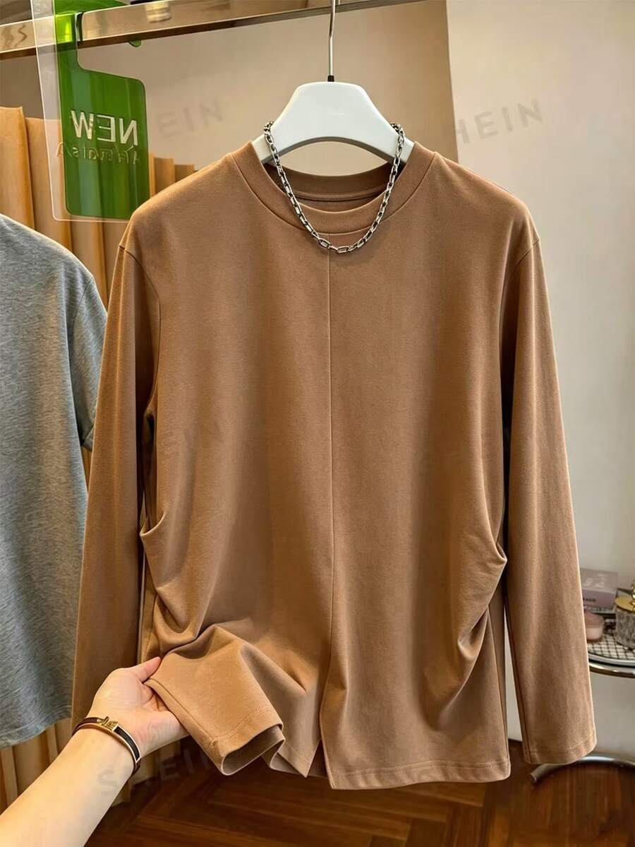 Resyla Women's Solid Color Round Neck Casual Long Sleeve T-Shirt, New Autumn Style - Brown - View 1