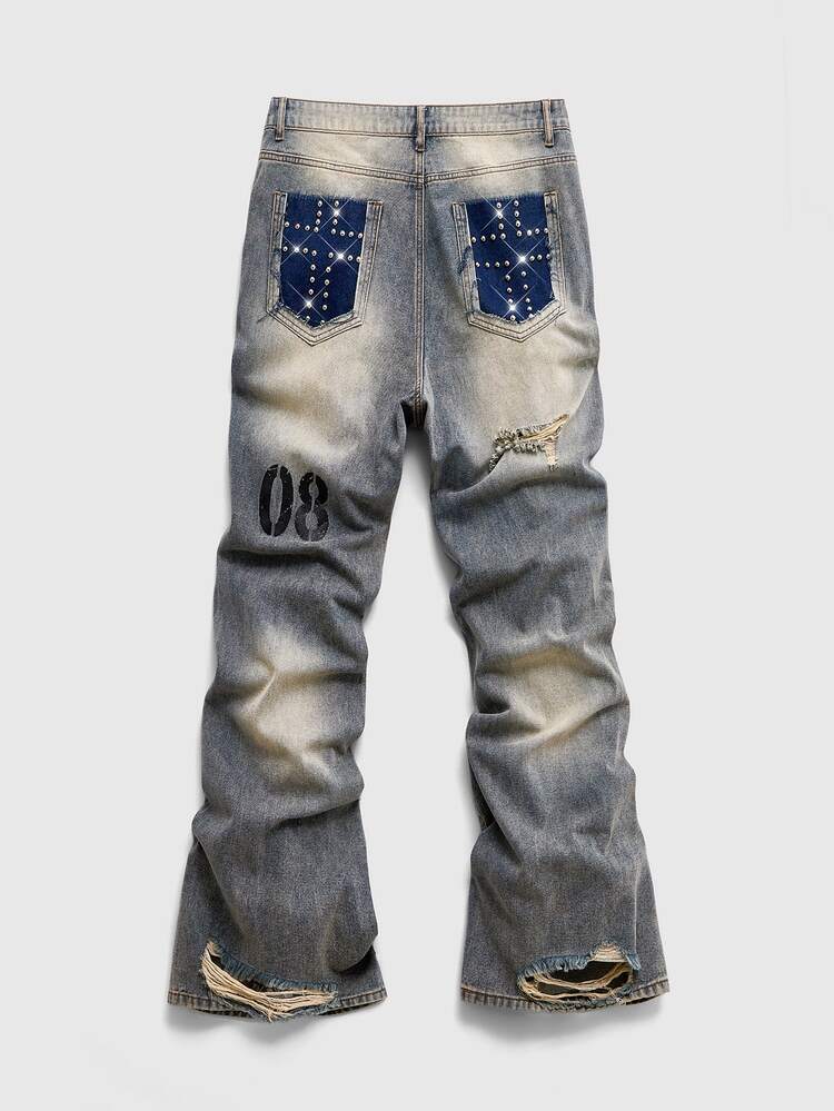 ROMWE MEN Men's Casual Daily Travel Flare Jeans With Pocket, Button And Distressed Design - Bronze - View 2