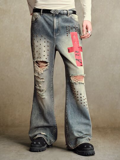 Jeans a zampa di elefante casual da uomo per uso quotidiano e viaggio, con tasche, bottoni e design consumato