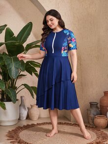 SHEIN Swim Plus Size Women Random Print Long Modest Tropical Multi-Tier Skirt Flowy Tummy Concealing Burkini Top Beach Royal Blue Summer - Blue - View 4