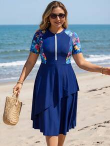 SHEIN Swim Plus Size Women Random Print Long Modest Tropical Multi-Tier Skirt Flowy Tummy Concealing Burkini Top Beach Royal Blue Summer - Blue - View 6