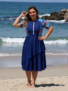 SHEIN Swim Plus Size Women Random Print Long Modest Tropical Multi-Tier Skirt Flowy Tummy Concealing Burkini Top Beach Royal Blue Summer - Blue - View 7