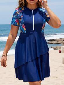 SHEIN Swim Plus Size Women Random Print Long Modest Tropical Multi-Tier Skirt Flowy Tummy Concealing Burkini Top Beach Royal Blue Summer - Blue - View 8