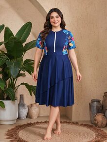 SHEIN Swim Plus Size Women Random Print Long Modest Tropical Multi-Tier Skirt Flowy Tummy Concealing Burkini Top Beach Royal Blue Summer - Blue - View 3