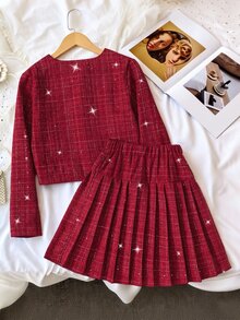 SHEIN This Is A Set For Girls Consisting Of Two Pieces: A Short Tweed Jacket For Tween Girls, - Red - View 2