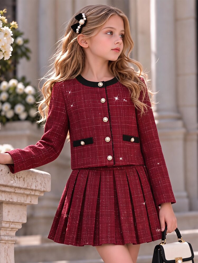 SHEIN Bộ 2 món cho bé gái gồm áo khoác tweed ngắn cho bé gái tween - Đỏ - Xem 1