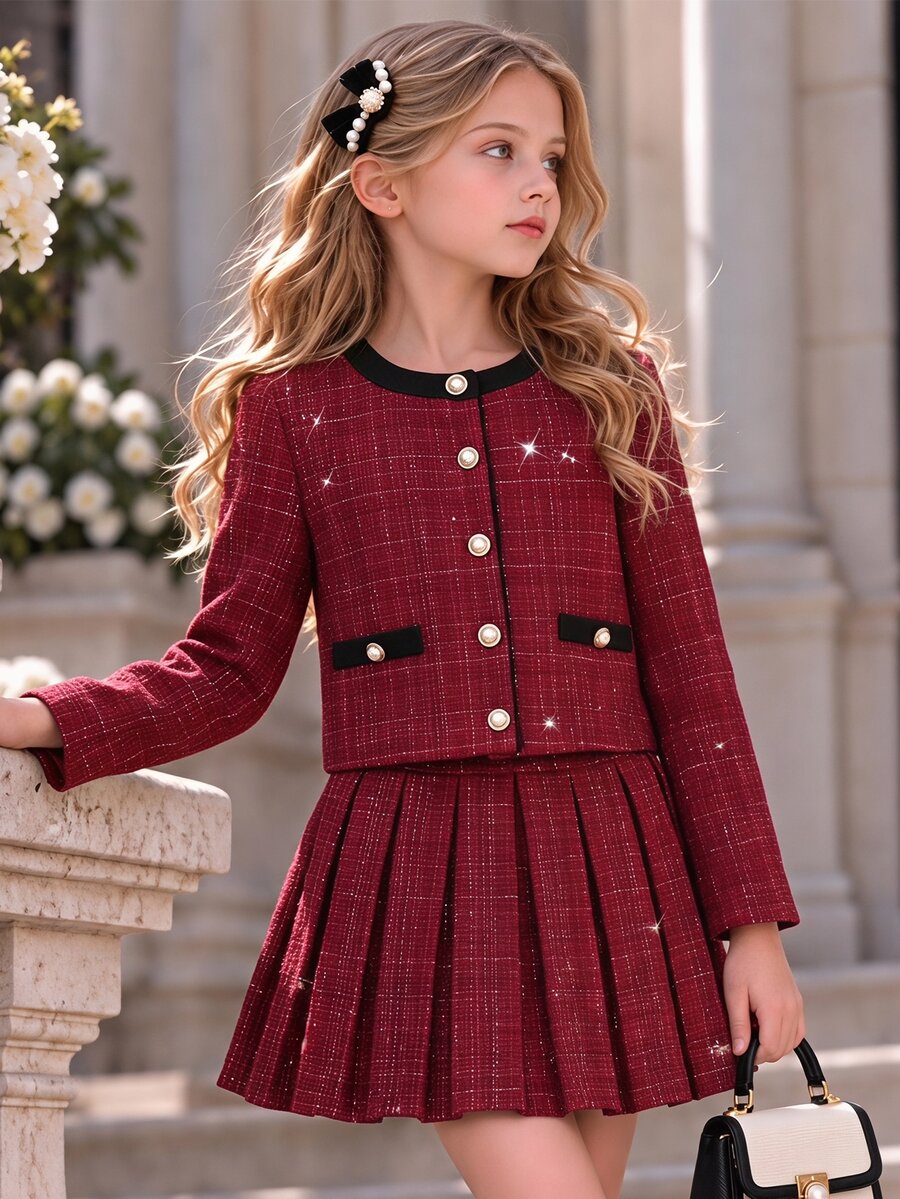 SHEIN This Is A Set For Girls Consisting Of Two Pieces: A Short Tweed Jacket For Tween Girls, - Red - View 1