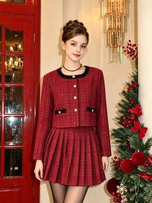 SHEIN This Is A Set For Girls Consisting Of Two Pieces: A Short Tweed Jacket For Tween Girls, - Red - View 3