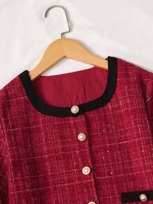 SHEIN This Is A Set For Girls Consisting Of Two Pieces: A Short Tweed Jacket For Tween Girls, - Red - View 6
