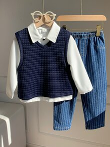 3件組小男孩休閒百搭紋理背心長袖白色襯衫休閒條紋牛仔褲套裝，適合秋冬、日常穿著、運動、外出、校園、派對、生日派對、電音派對、晚宴、表演、婚禮 - 深色水洗藍 - 查看 8