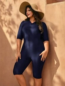 SHEIN Swim Plus Size Women One-Piece Solid Color Conservative Surfing Swimsuit Beach Party Sports Sports Vacation Navy Blue Summer Sexy Tropical Modest - Navy Blue - View 8
