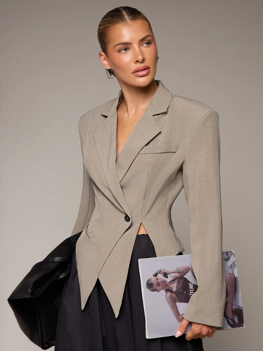 Hauture Women's Chic Khaki Asymmetrical Blazer, Pointed Hem, Slim Fit, Padded Shoulders, All-Season, Commuter, Versatile For Work And Dates, Office - Khaki - View 1