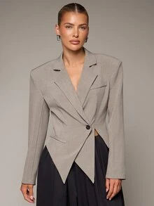 Hauture Women's Chic Khaki Asymmetrical Blazer, Pointed Hem, Slim Fit, Padded Shoulders, All-Season, Commuter, Versatile For Work And Dates, Office - Khaki - View 3