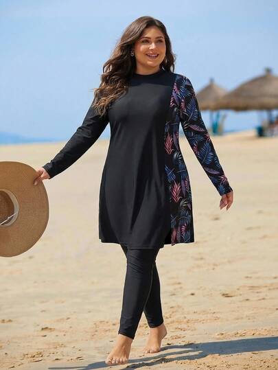 SHEIN Swim Plus Size Women 2-Piece Floral Print Patchwork Round Neck Long Sleeve Long Pants Burkini Swimwear Beach Vacation Pink Leopard Print Summer