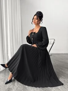 Elenzga Plus Size Solid Square Neck Lantern Sleeve Pleated Hem Dress Fall - Black - View 1