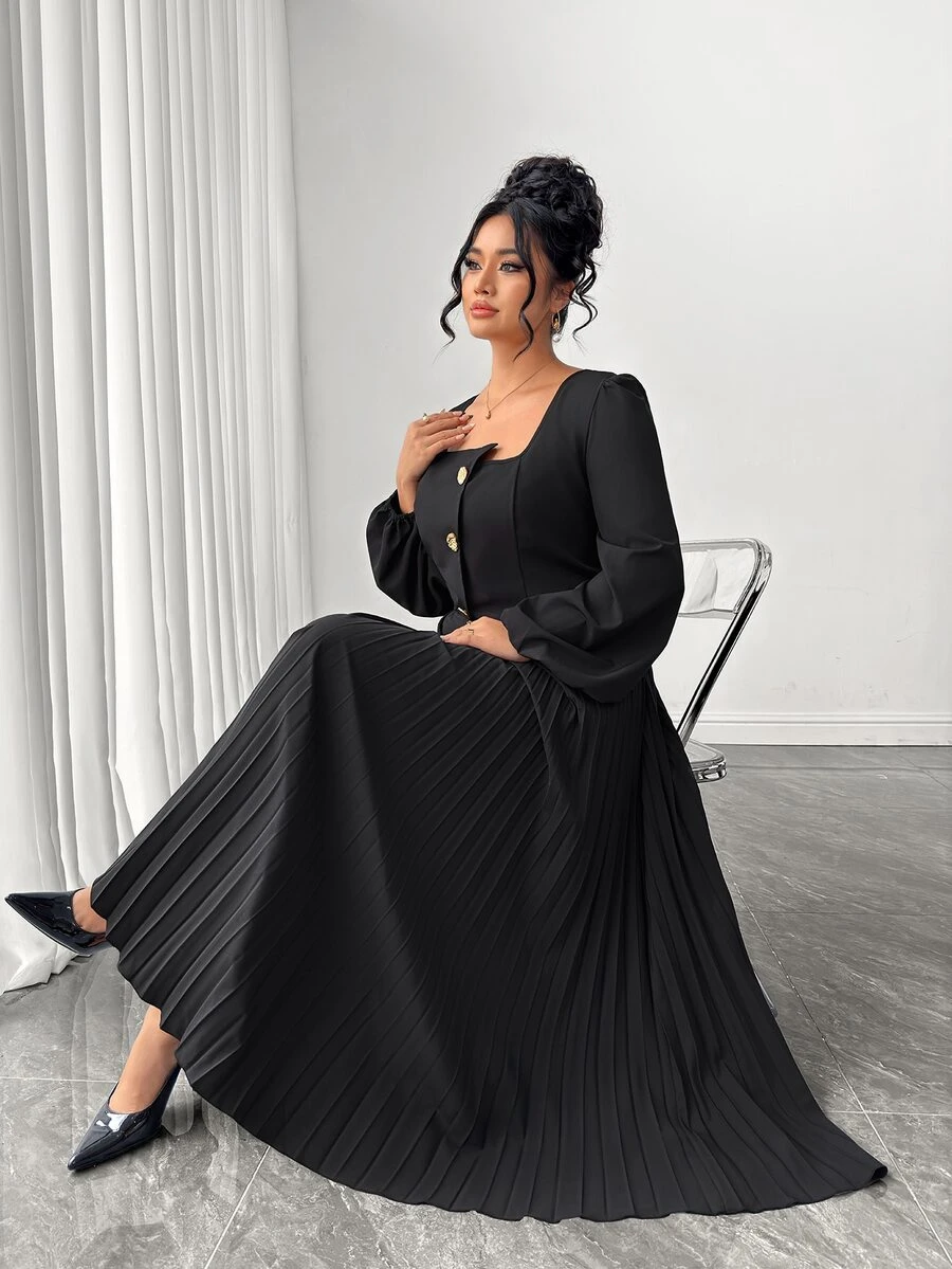 Elenzga Plus Size Solid Square Neck Lantern Sleeve Pleated Hem Dress Fall - Black - View 1