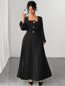 Elenzga Plus Size Solid Square Neck Lantern Sleeve Pleated Hem Dress Fall - Black - View 5