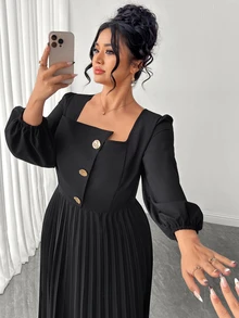 Elenzga Plus Size Solid Square Neck Lantern Sleeve Pleated Hem Dress Fall - Black - View 8