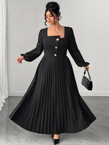 Elenzga Plus Size Solid Square Neck Lantern Sleeve Pleated Hem Dress Fall - Black - View 9