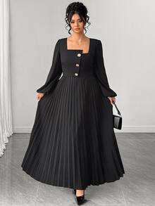 Elenzga Plus Size Solid Square Neck Lantern Sleeve Pleated Hem Dress Fall - Black - View 6