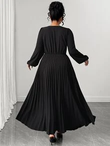 Elenzga Plus Size Solid Square Neck Lantern Sleeve Pleated Hem Dress Fall - Black - View 4