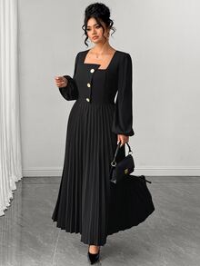 Elenzga Plus Size Solid Square Neck Lantern Sleeve Pleated Hem Dress Fall - Black - View 7