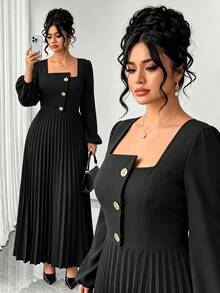 Elenzga Plus Size Solid Square Neck Lantern Sleeve Pleated Hem Dress Fall - Black - View 2