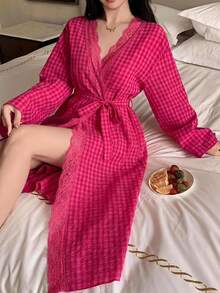 DAZY Summer Autumn Loose Lace Patchwork Plaid Long Women's Nightgown - Hot Pink - View 1