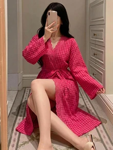 DAZY Summer Autumn Loose Lace Patchwork Plaid Long Women's Nightgown - Hot Pink - View 4