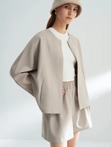 Airaco Women's Casual Solid Color Zip-Up Jacket And Loose Shorts 2 Pieces Set - Khaki - View 3