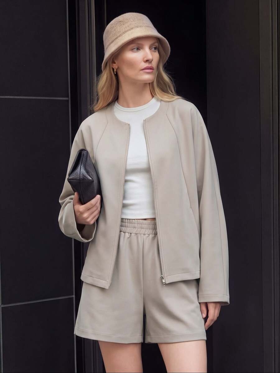 Airaco Women's Casual Solid Color Zip-Up Jacket And Loose Shorts 2 Pieces Set - Khaki - View 1